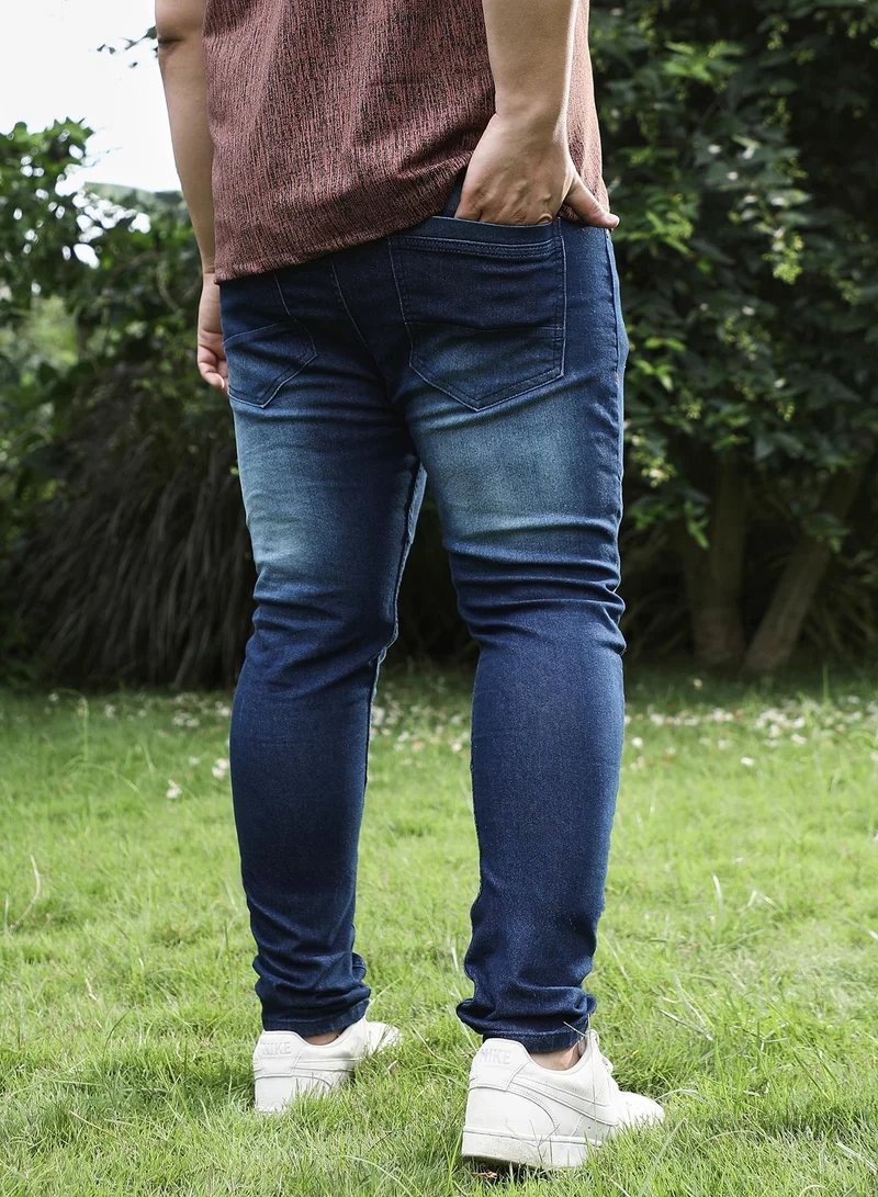 Instafab Plus  Instafab Plus Men's Navy Blue Dark-Wash Panelled Denim Jeans For Casual Wear | Mid-Rise | Skinny Fit | Button Closure | Plus Size Denim Jeans Crafted With Comfort Fit For Everyday Wear for Men | Best Price UAE