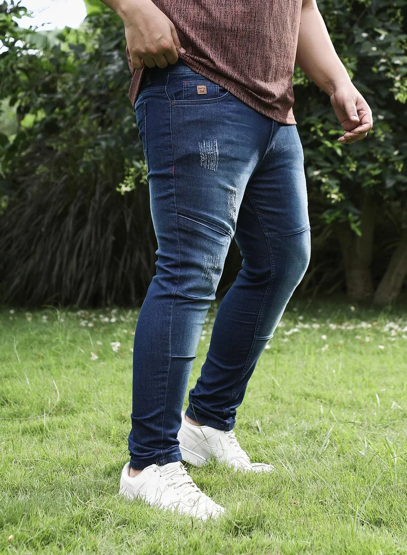 Instafab Plus  Instafab Plus Men's Navy Blue Dark-Wash Panelled Denim Jeans For Casual Wear | Mid-Rise | Skinny Fit | Button Closure | Plus Size Denim Jeans Crafted With Comfort Fit For Everyday Wear for Men | Best Price UAE