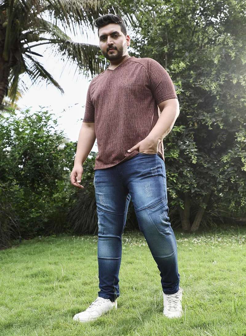 Instafab Plus  Instafab Plus Men's Navy Blue Dark-Wash Panelled Denim Jeans For Casual Wear | Mid-Rise | Skinny Fit | Button Closure | Plus Size Denim Jeans Crafted With Comfort Fit For Everyday Wear for Men | Best Price UAE