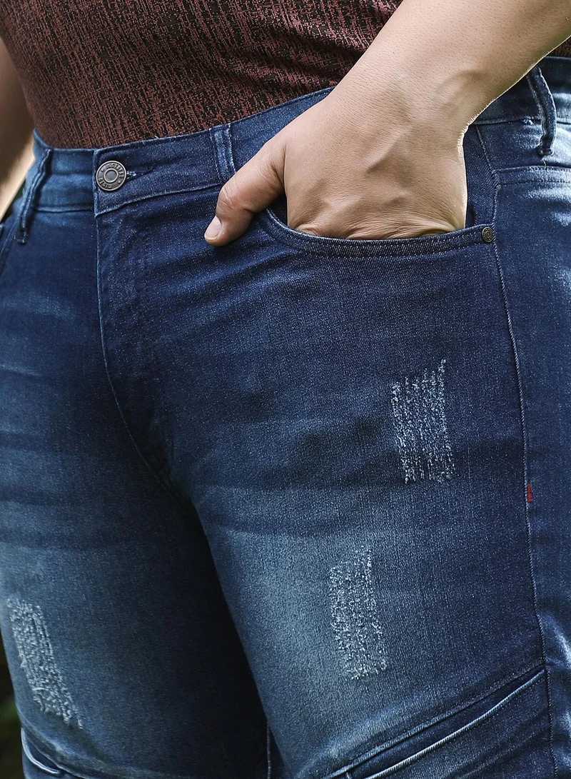 Instafab Plus  Instafab Plus Men's Navy Blue Dark-Wash Panelled Denim Jeans For Casual Wear | Mid-Rise | Skinny Fit | Button Closure | Plus Size Denim Jeans Crafted With Comfort Fit For Everyday Wear for Men | Best Price UAE