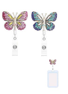 2 Pcs 3D Stereoscopic Rhinestone Butterfly Badge Reel Holder, Retractable Nylon Cord Alloy Crystal Butterfly Decoration ID Name Badge Clip, Back Metal Alligator Clip Badge Reel(Pink+Blue)