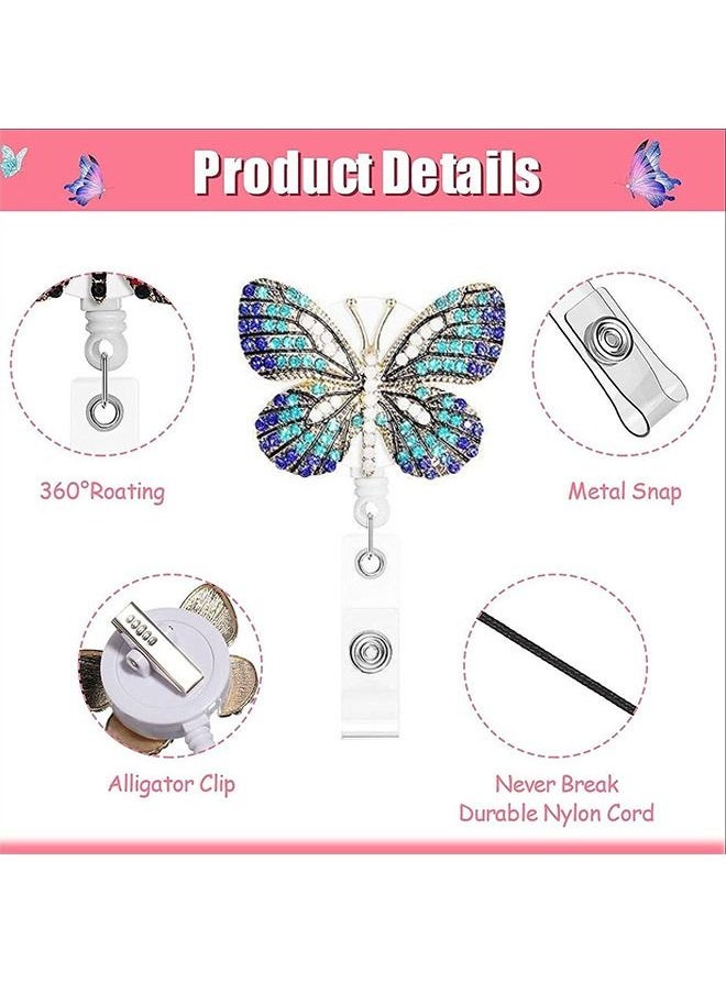 Generic - 2 Pcs 3D Stereoscopic Rhinestone Butterfly Badge Reel Holder, Retractable Nylon Cord Alloy Crystal Butterfly Decoration ID Name Badge Clip, Back Metal Alligator Clip Badge Reel(Pink+Blue) - Image 1