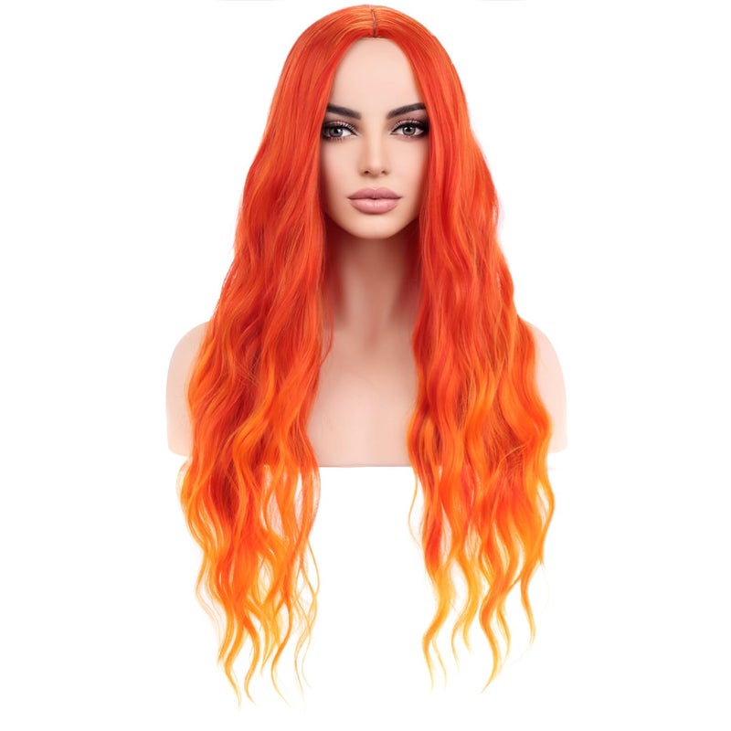 MAGQOO Orange Ombre Flame Fire Wig  Long Curly Wavy Ombre Wigs for Women  Girls  Middle Part Heat Resistant High Density Synthetic Wigs