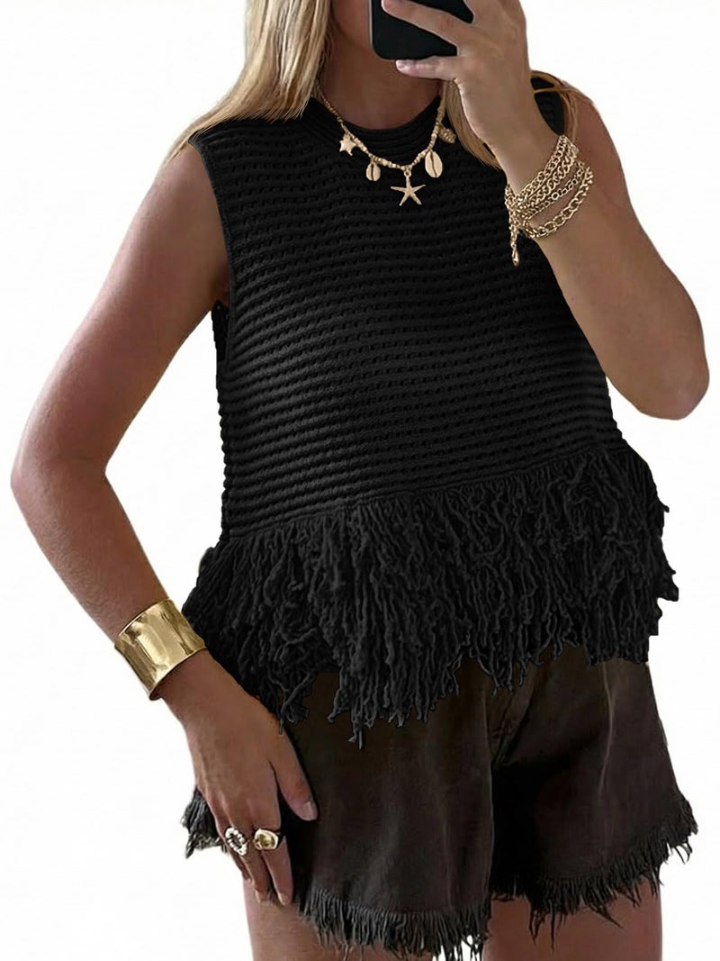 Saodimallsu Womens Crochet Crop Tank Tops Sleeveless Fringe Crew Neck Trendy Boho Knit Summer Sweater Vest Black - Image 1