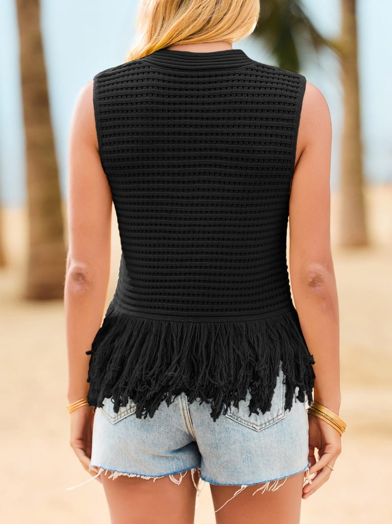 Saodimallsu Womens Crochet Crop Tank Tops Sleeveless Fringe Crew Neck Trendy Boho Knit Summer Sweater Vest Black - Image 5
