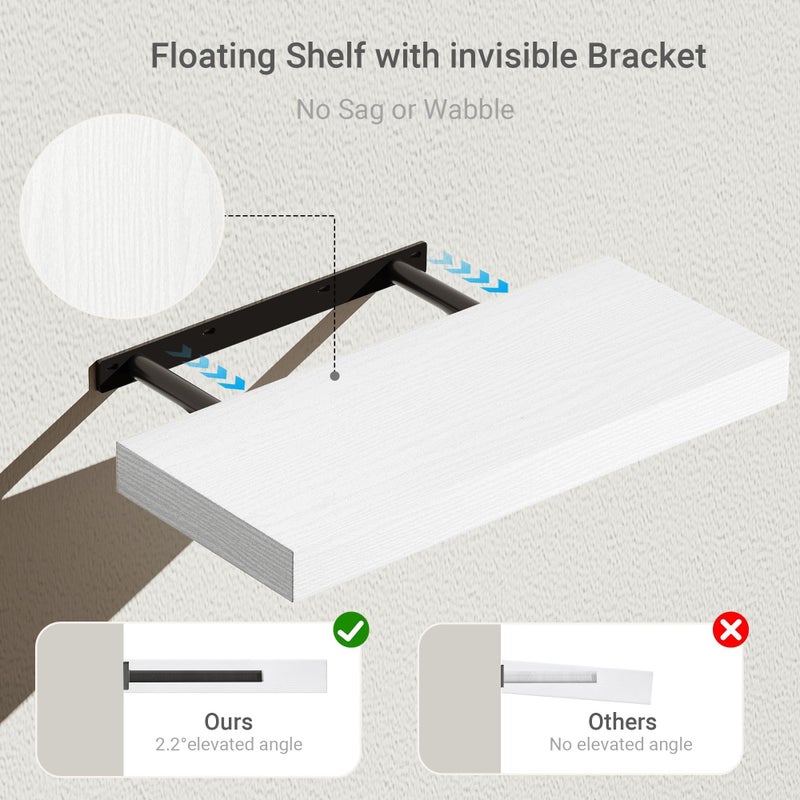 Vivelove 16 inch Floating Shelves for Wall, Bathroom Shelves Over Toilet, Wall Shelf for Bedroom, Living Room, Kitchen, Office Home Decor, Narrow Shelves with Invisible Brackets - Set of 2, White - Image 3