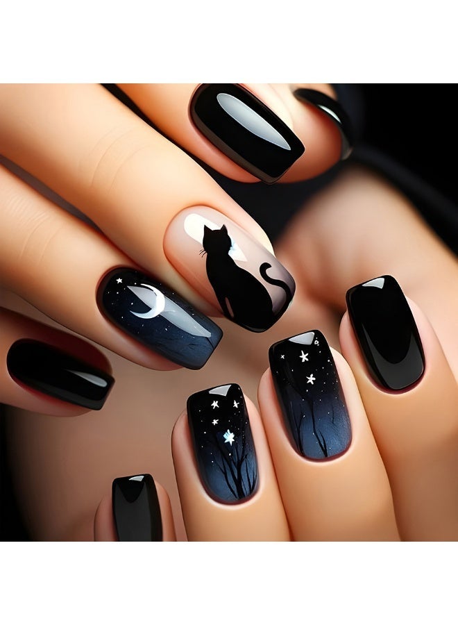 Orange Life Black Cat Moon Night Sky Press On Nails | Reusable ABS Fake Nails | Glossy Mirror Finish | 24PCS Nail Tips | Short Square Shape | Easy Apply & Remove | Scratch Resistant | Waterproof & Durable | Home Manicure Kit for Party & Gift | Elegant Natural Look - Image 1
