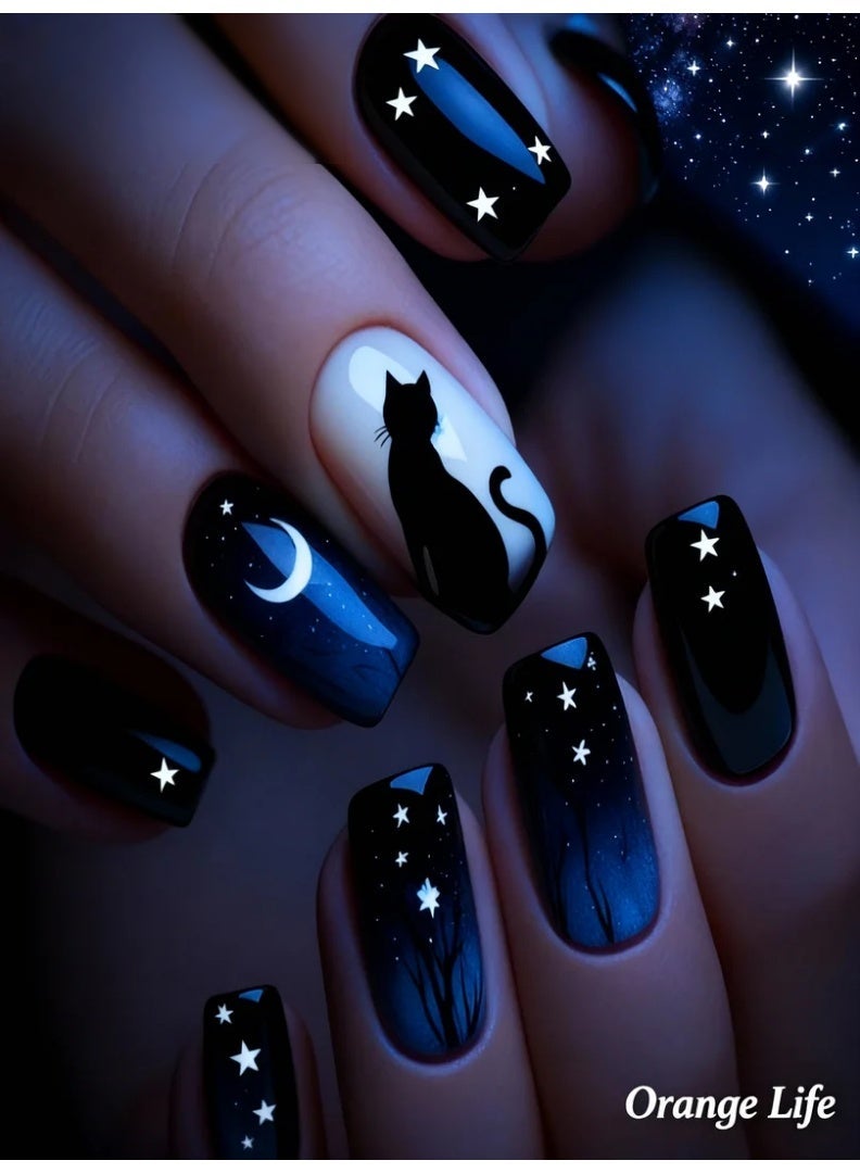 Orange Life Black Cat Moon Night Sky Press On Nails | Reusable ABS Fake Nails | Glossy Mirror Finish | 24PCS Nail Tips | Short Square Shape | Easy Apply & Remove | Scratch Resistant | Waterproof & Durable | Home Manicure Kit for Party & Gift | Elegant Natural Look - Image 3