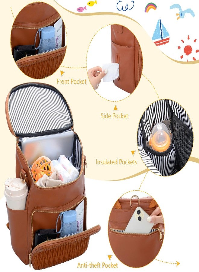 Minsong Diaper Bag Backpack for Women, Cute Stylish Mommy Diaper Backpack, Waterproof Travel PU Leather Baby Backpack Diaper Bag with Changing Pad(Brown) - Image 4