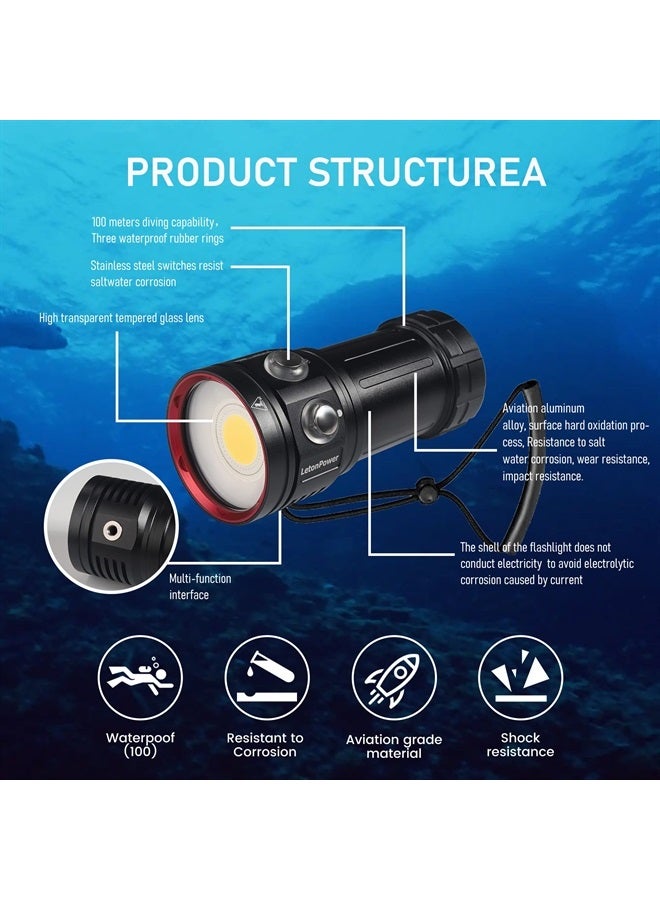 LetonPower Diving Flashlight,LetonPower L12 8000Lumens Dive Light,100m Underwater Video Light, Scuba Dive Lights, Underwater Flashlight with Type-C Charging for Professional Under Water Sports - Image 2