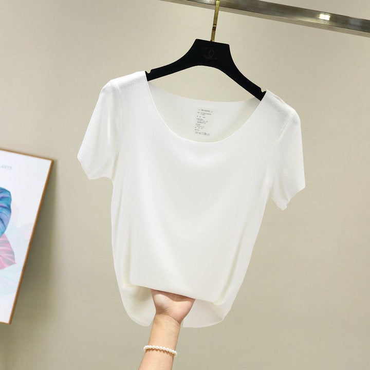 Spring and Summer Seamless Base Womens Slim-fit Solid Color Thin Cotton Round Neck Short-sleeved T-shirt Large Size Thin Thread T-shirt White White