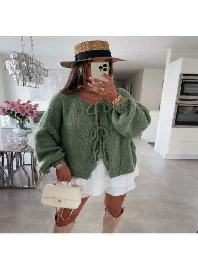 NIBEMINENT Solid Color Round Neck Tied Knit Cardigan Jacket for Autumn and Winter Women Fashionable Simple Long Sleeved Knit Jacket - Image 1