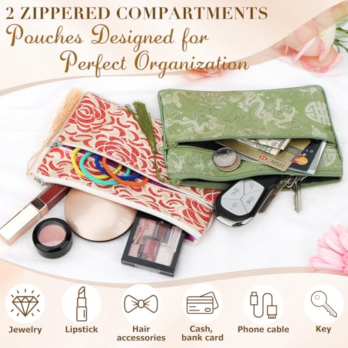 kilofly 2 pc Chinese Silk Brocade 2 Zipper Pocket Tassel Jewelry Bag Gift Pouch set2 D - Image 5