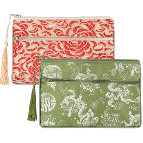 kilofly 2 pc Chinese Silk Brocade 2 Zipper Pocket Tassel Jewelry Bag Gift Pouch set2 D - Image 1