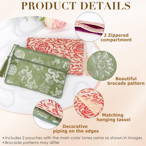 kilofly 2 pc Chinese Silk Brocade 2 Zipper Pocket Tassel Jewelry Bag Gift Pouch set2 D - Image 3