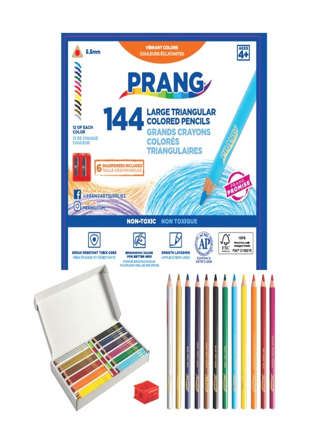 Prang Easy to Hold, Long, Triangular Colored Pencils Class Pack, 12 Colors, 5.5 mm Core, 144 Pencils, 6 Sharpeners - Image 1