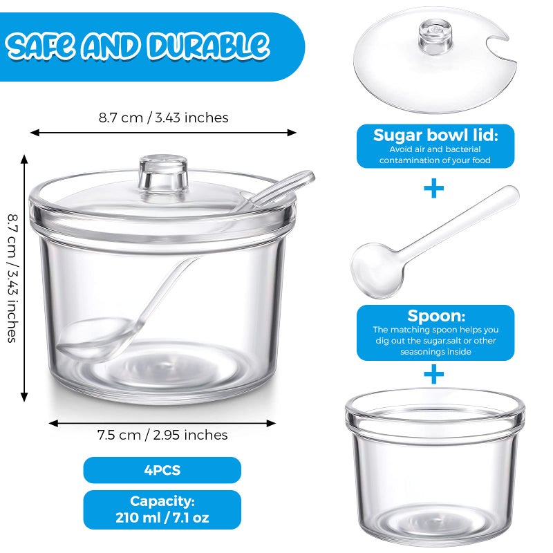 Patelai 4 Pieces Sugar Bowl Acrylic Clear Sugar Bowl with Lid and Salt Spoon Storage Jar with Airtight Lid for Salt, Tea, Spices, Herbs, Condiments(7.1 oz) - Image 3