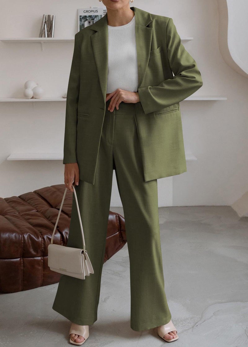 KIRUNDO Women Suits 2 Piece Set Business Casual Dressy Oversized Blazer Jacket and Wide Leg Dress Pantsuits Formal Outfits(Army Green, X-Large) - Image 3