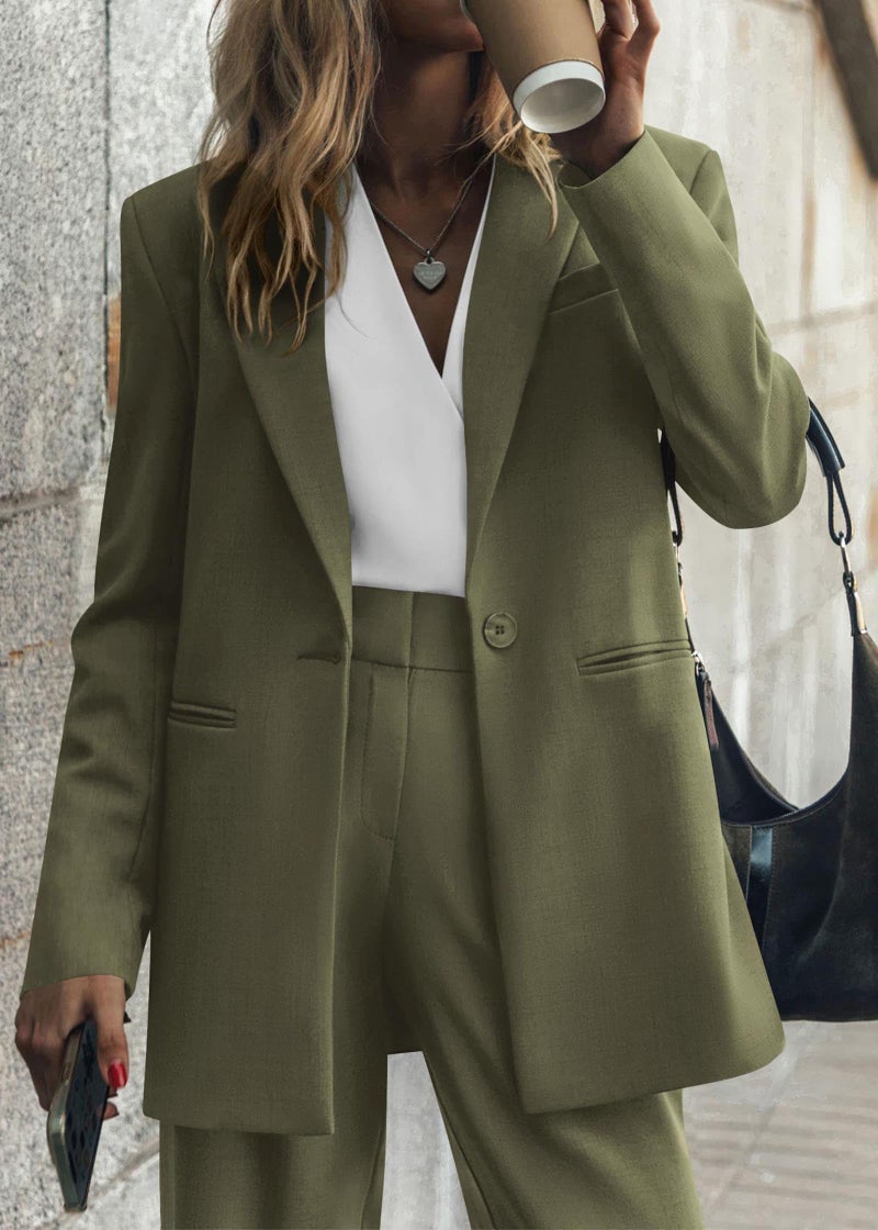 KIRUNDO Women Suits 2 Piece Set Business Casual Dressy Oversized Blazer Jacket and Wide Leg Dress Pantsuits Formal Outfits(Army Green, X-Large) - Image 4