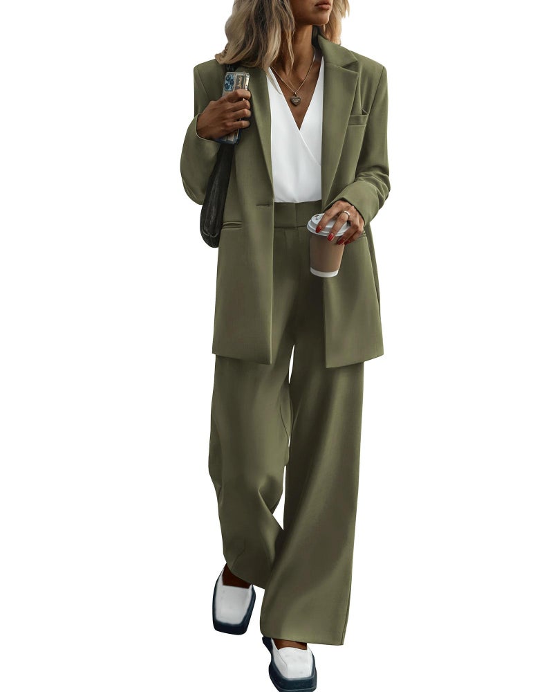 KIRUNDO Women Suits 2 Piece Set Business Casual Dressy Oversized Blazer Jacket and Wide Leg Dress Pantsuits Formal Outfits(Army Green, X-Large) - Image 1