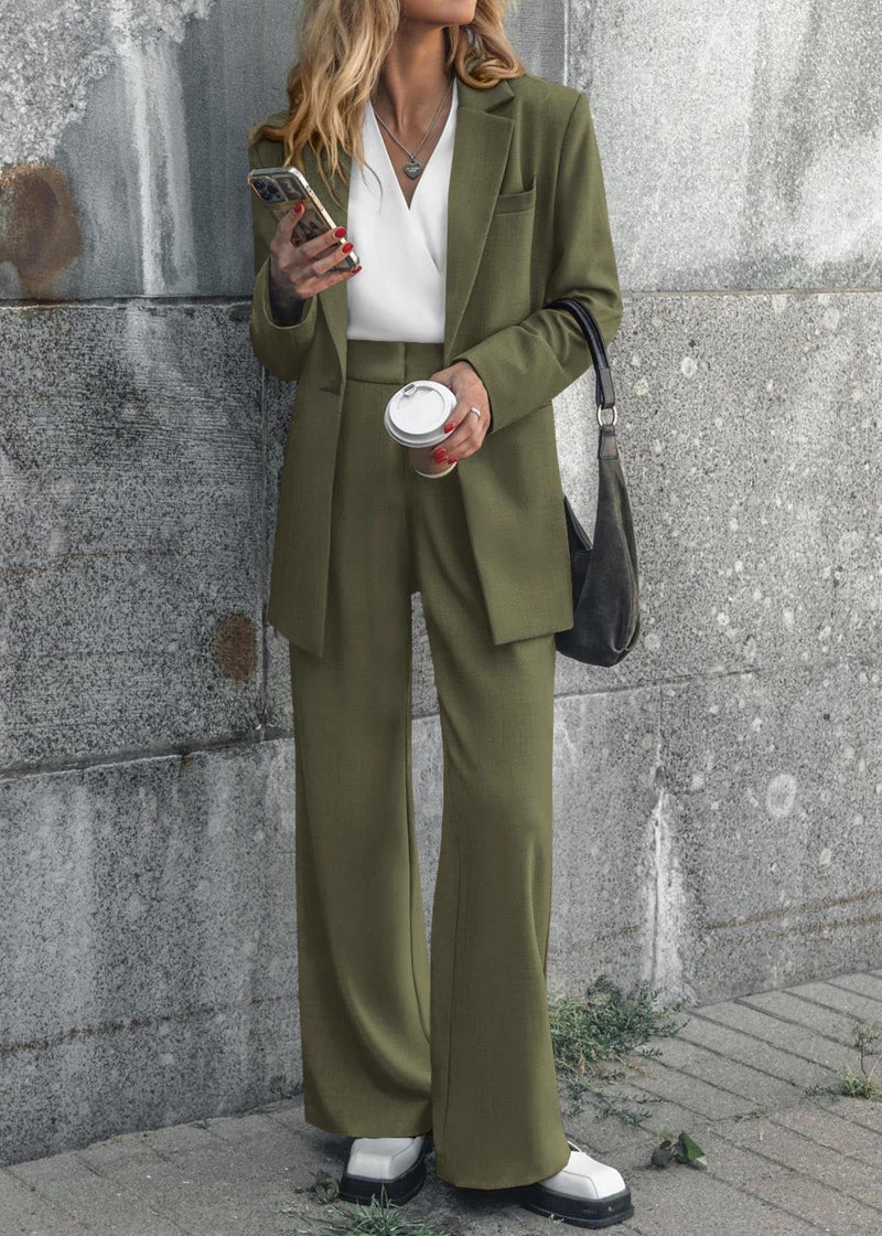 KIRUNDO Women Suits 2 Piece Set Business Casual Dressy Oversized Blazer Jacket and Wide Leg Dress Pantsuits Formal Outfits(Army Green, X-Large) - Image 2