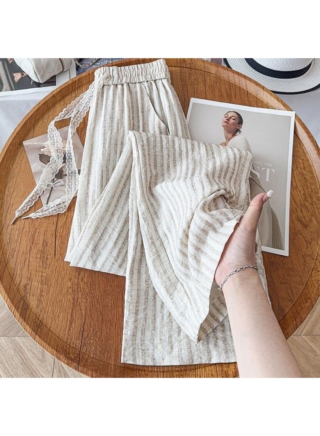 Middle-aged Mom's Summer Thin Wide-leg Pants For Women  New Linen Striped Straight High-waisted Casual Long Pants