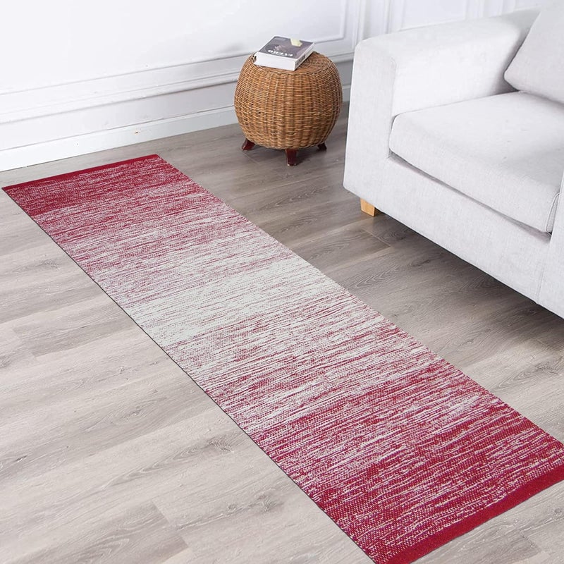 MDZ ® Hand Woven Cotton Ombre Rug Runner for Bedroom, Living Room/Yoga Mat for Gym, Flooring Exercise | Size: 2'x6' or 24"x72" Inches or 60x180 cm | Machine Washable | Organic | Reversible (Red White) - Image 2