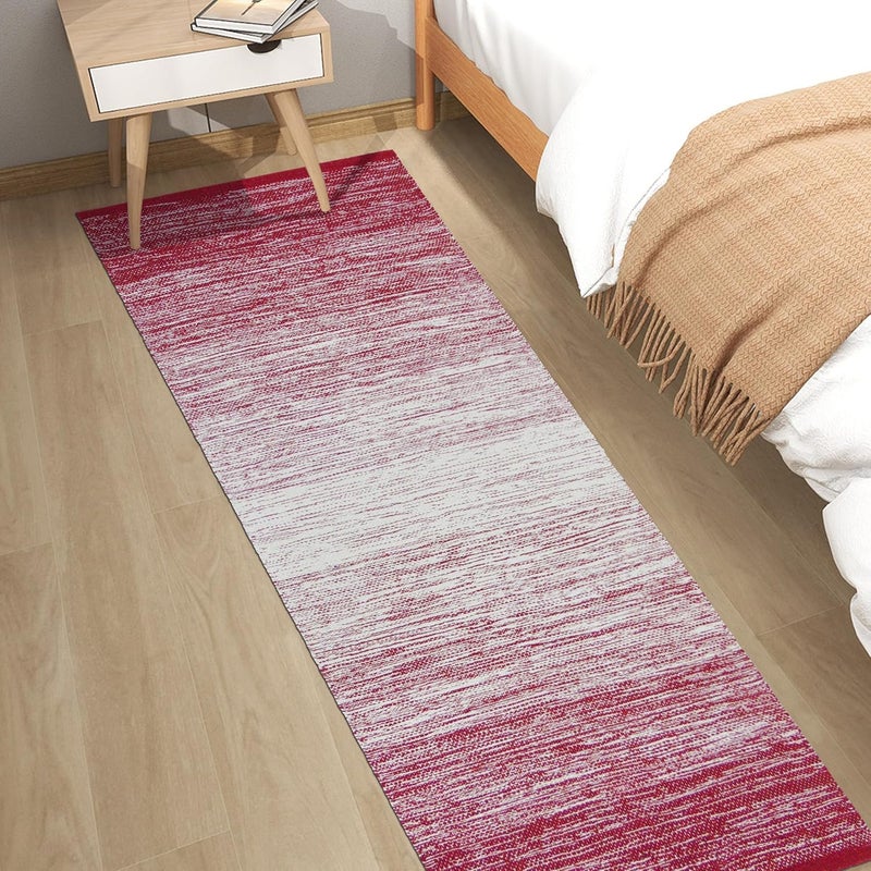MDZ ® Hand Woven Cotton Ombre Rug Runner for Bedroom, Living Room/Yoga Mat for Gym, Flooring Exercise | Size: 2'x6' or 24"x72" Inches or 60x180 cm | Machine Washable | Organic | Reversible (Red White) - Image 1
