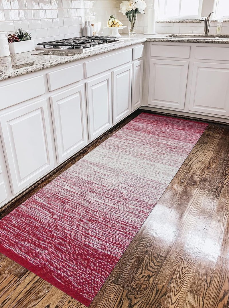 MDZ ® Hand Woven Cotton Ombre Rug Runner for Bedroom, Living Room/Yoga Mat for Gym, Flooring Exercise | Size: 2'x6' or 24"x72" Inches or 60x180 cm | Machine Washable | Organic | Reversible (Red White) - Image 3