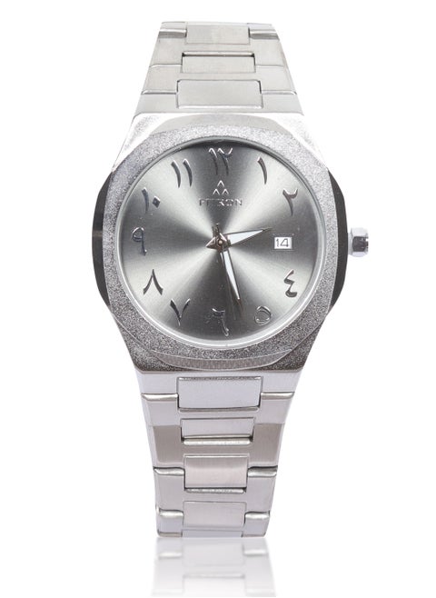 Men's Silver Wrist Watch with Grey Dial, Arabic Numbers and Date