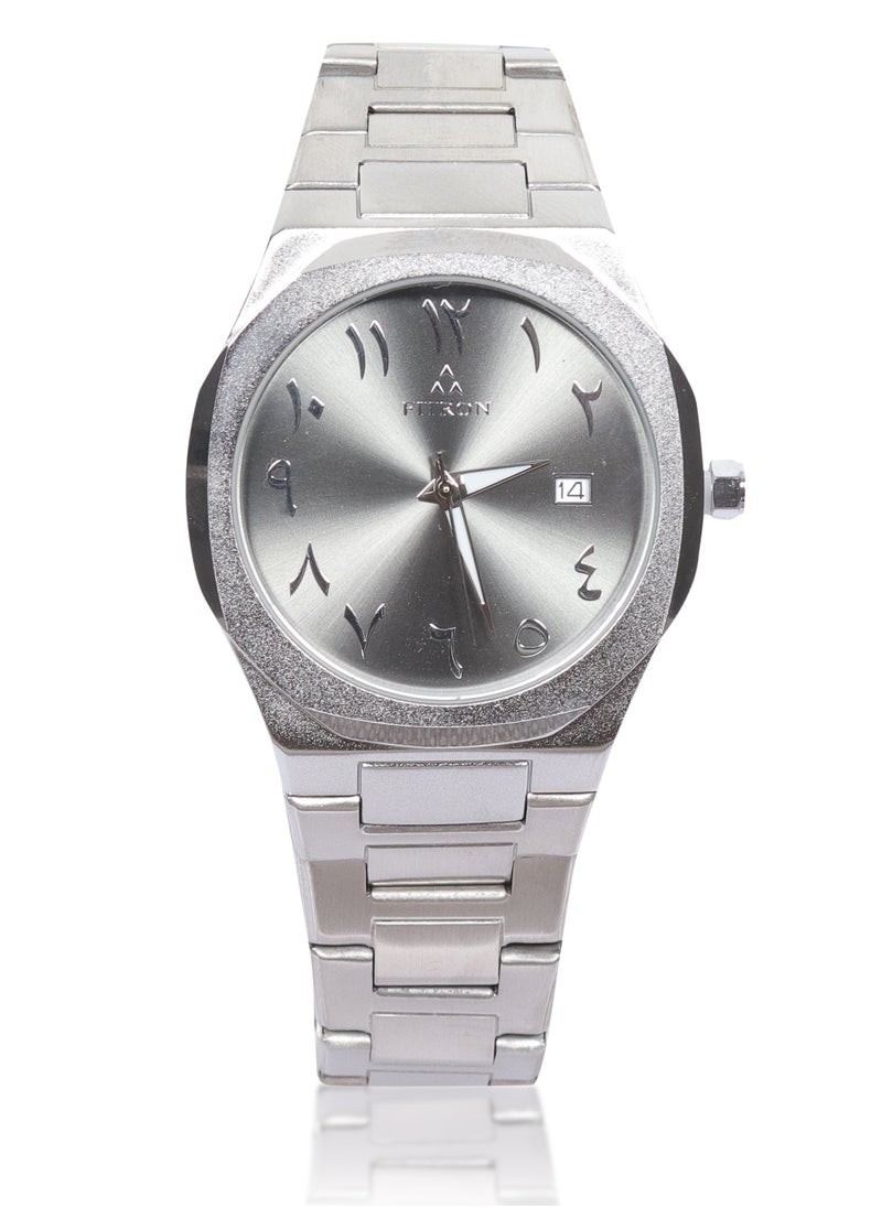 Men's Silver Wrist Watch with Grey Dial, Arabic Numbers and Date
