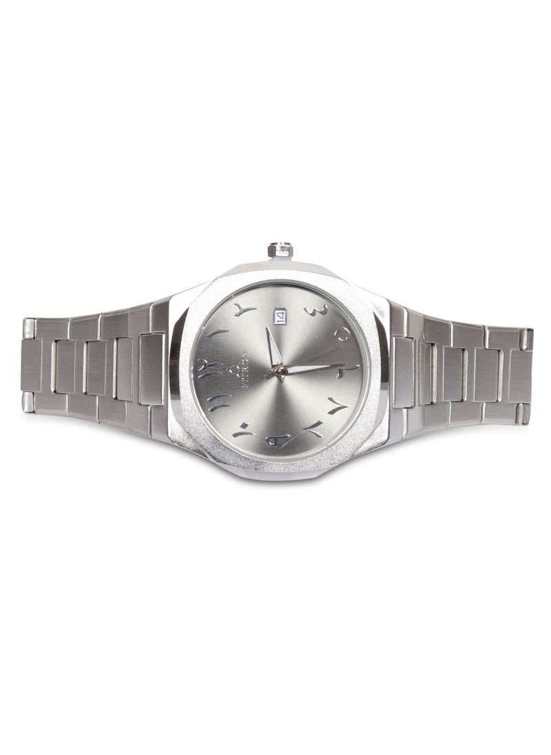 Men's Silver Wrist Watch with Grey Dial, Arabic Numbers and Date