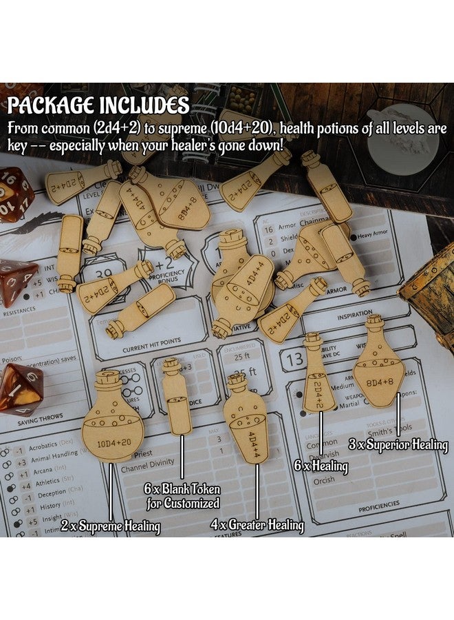 سي زد واي واي مجموعة رموز جرعة الشفاء مكونة من 21 قطعة من الملحقات الخشبية المقطوعة بالليزر والمحفورة Dnd للأبراج المحصنة والتنينات، الإصدار الخامس - Image 5