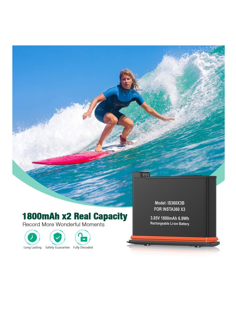 SOLARAE عبوتان بديلتان لبطارية إنستا 360 x3 سعة 1800mAh وشاحن سريع مزدوج USB متوافق مع كاميرا إنستا360 X3 عالية السعة (متوافق تمامًا مع الأصلي) - Image 2