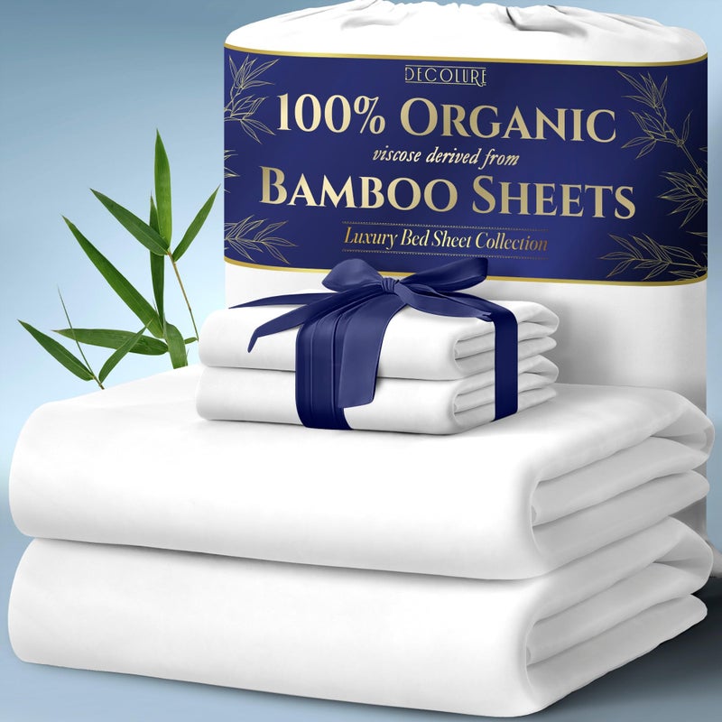 DECOLURE 100 Organic Viscose Derived from Bamboo Sheets King Size 4pcs  Ultra Soft  Luxuriously Cooling 17 Deep Pocket Double Stitching Perfect for Hot Sleepers  King Bed Sheets White