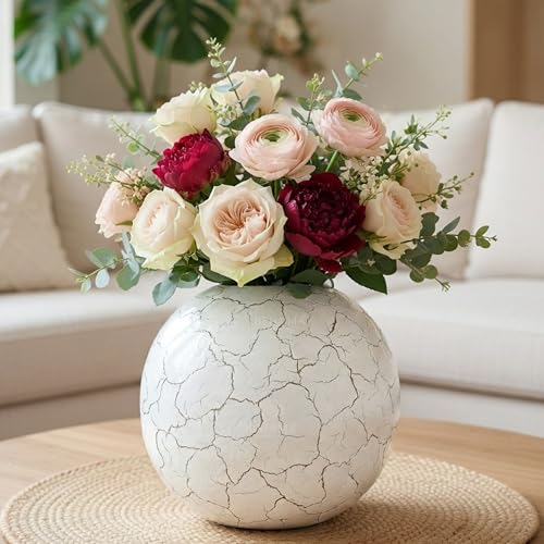BEHOMA Metal Ball Round Metal Vase for Home & Office Décor | Table Decorative Flower Pot for Living Room | Gift for Birthday & Wedding Anniversary | Off-White Crackled Small (Flower Not Included) - Image 1