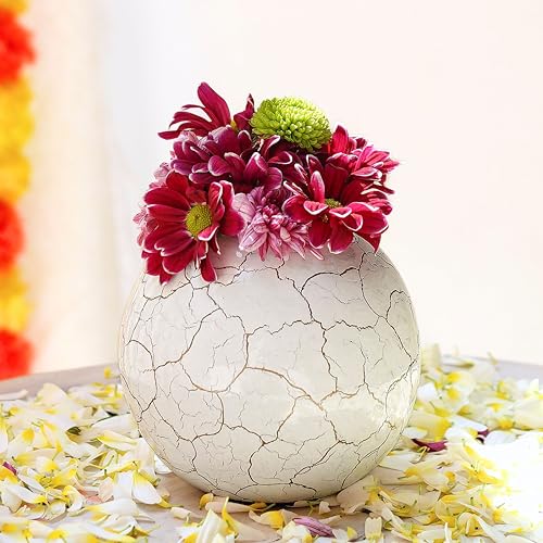 BEHOMA Metal Ball Round Metal Vase for Home & Office Décor | Table Decorative Flower Pot for Living Room | Gift for Birthday & Wedding Anniversary | Off-White Crackled Small (Flower Not Included) - Image 2