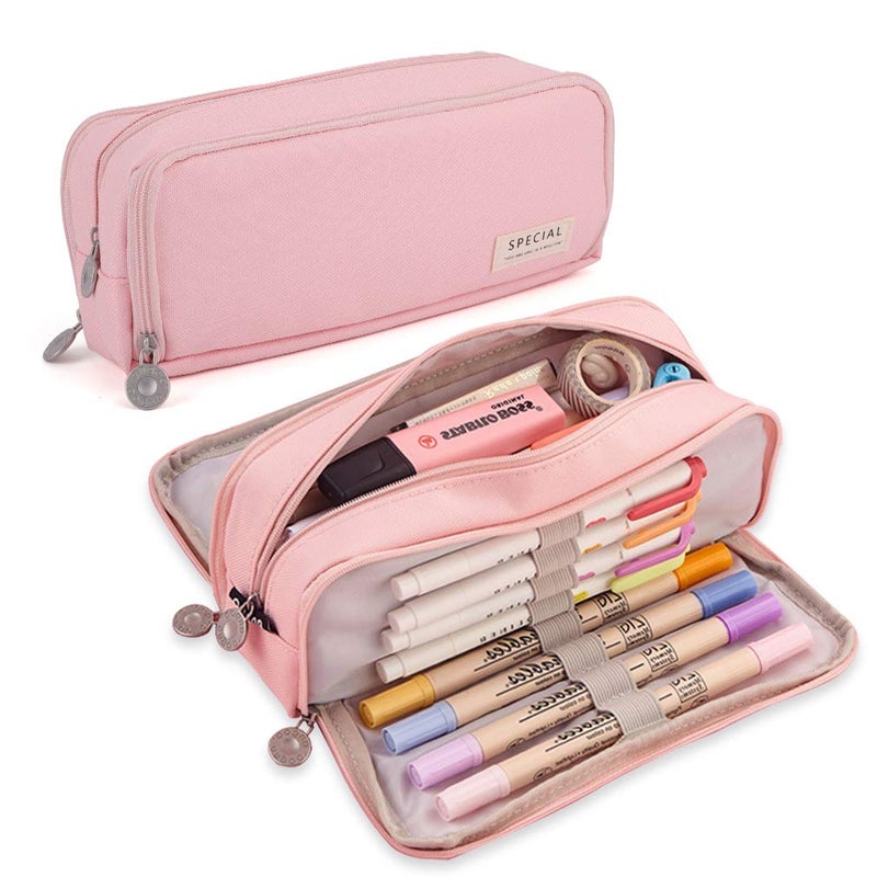 iSuperb Large Pencil Case 3 Compartments Pencil Pouch Big Capacity Pencil Bag for Kids Teen Girls Boys Student School Supplies Oxford Organizer Pen BagPINK