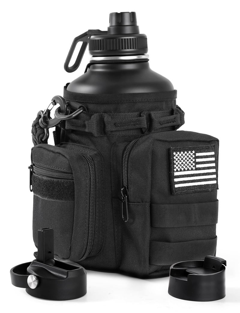 banloga Tactical Half Gallon Water Bottle with Straw, 64 Oz Insulated Water Jug with Molle Water Bottle Holder, Stainless Steel Sport Bottle with 3 BPA Free Lids for Gym Workout Hiking (Black) - Image 1