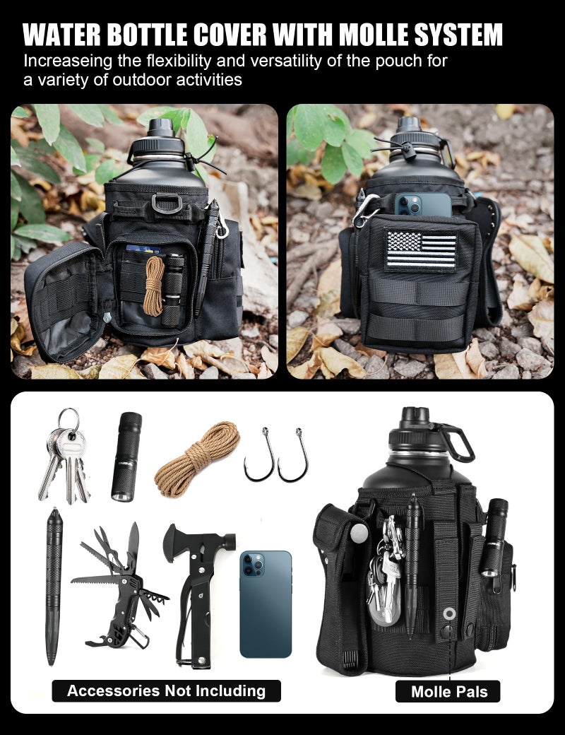 banloga Tactical Half Gallon Water Bottle with Straw, 64 Oz Insulated Water Jug with Molle Water Bottle Holder, Stainless Steel Sport Bottle with 3 BPA Free Lids for Gym Workout Hiking (Black) - Image 3