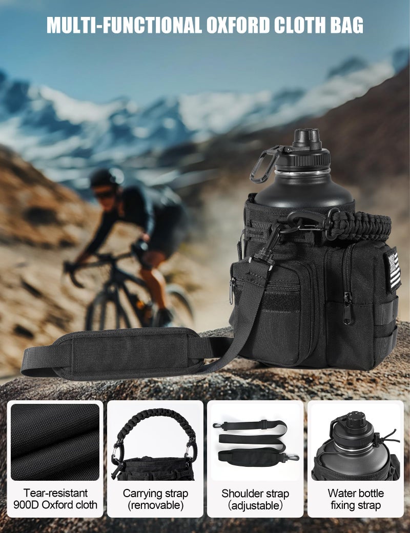 banloga Tactical Half Gallon Water Bottle with Straw, 64 Oz Insulated Water Jug with Molle Water Bottle Holder, Stainless Steel Sport Bottle with 3 BPA Free Lids for Gym Workout Hiking (Black) - Image 4