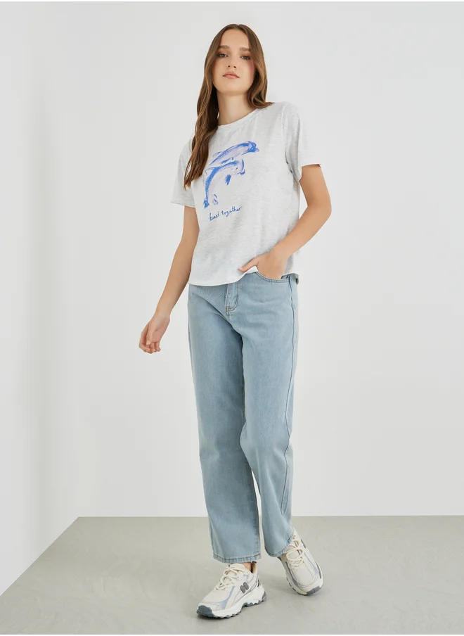 تايك تو Take Two Slogan Print Regular Fit T-Shirt