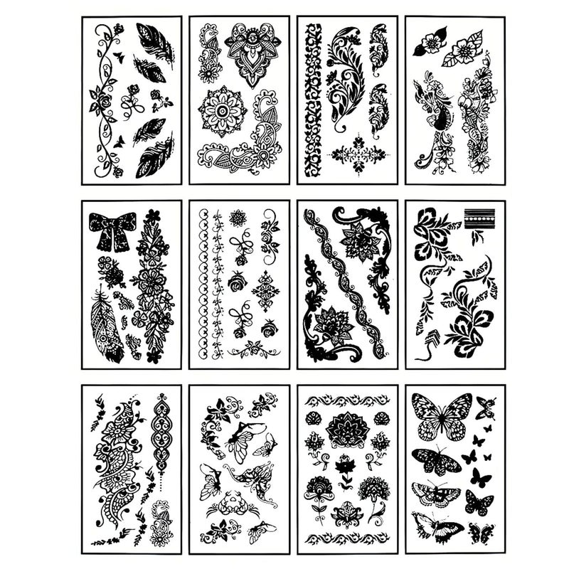 bonballoon 12 Sheets Temporary Self Adhesive Transfer Arabic Arabian Tattoo Tattoos Stickers Black Waterproof Sticker Islamic Muslim Islam Body Henna Word Ramadan Eid Stencils Stencil Temples Body Art Designs