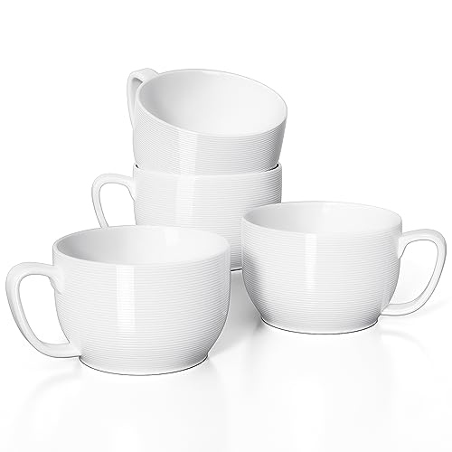 Teocera Soup Mugs with Handles, White Coffee Mugs Set of 4, Large Soup Cups - Striped Design - 24 Ounce Porcelain Jumbo Mugs Bowls for Coffee, Oatmeal, Hot Cocoa, Cereal - Image 1