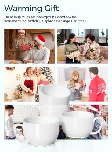 Teocera Soup Mugs with Handles, White Coffee Mugs Set of 4, Large Soup Cups - Striped Design - 24 Ounce Porcelain Jumbo Mugs Bowls for Coffee, Oatmeal, Hot Cocoa, Cereal - Image 3