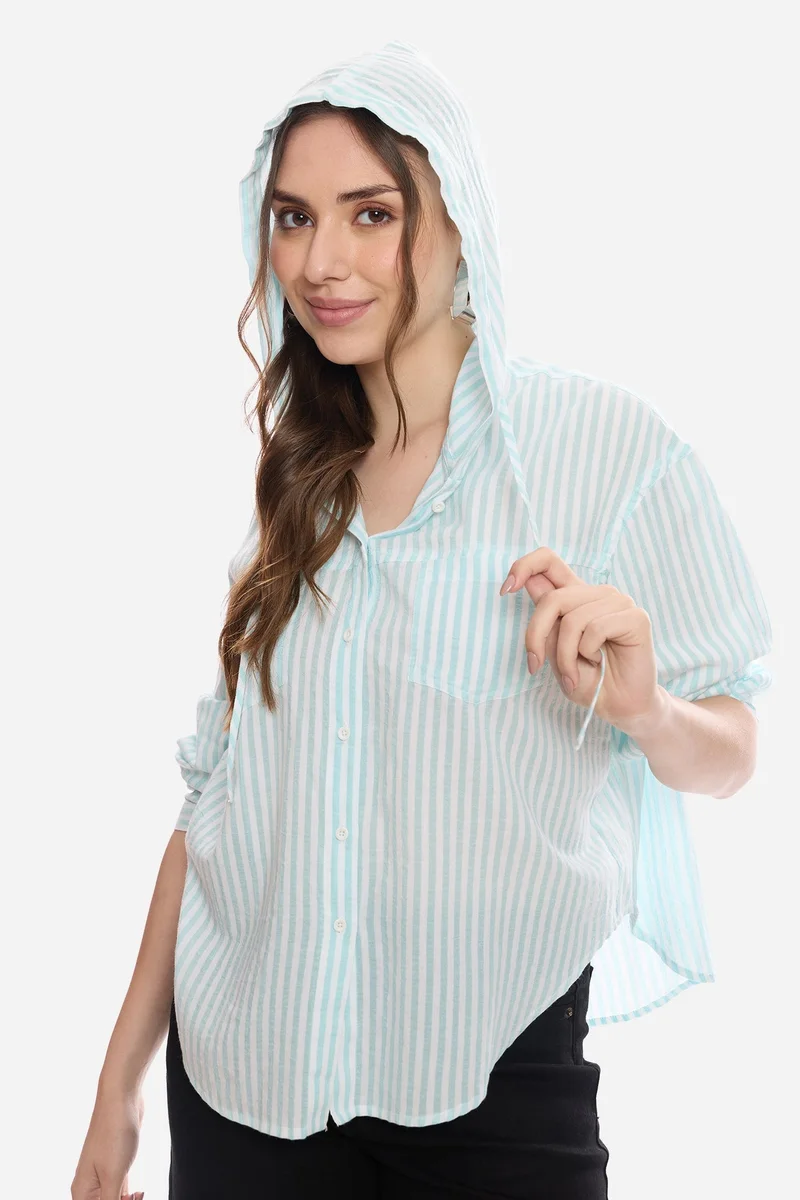فيرجيو Stripes Viscose Relaxed Hoodie Shirt for Women
