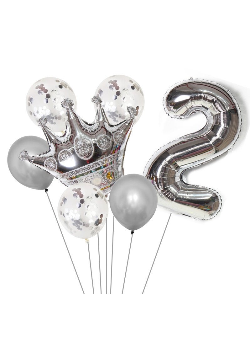 Party 8-piece set for 2th birthday party anniversary decoration party supplies including silver number 2 balloons, silver crown foil balloon set, 12-inch sequin balloons, 12-inch silver balloons 