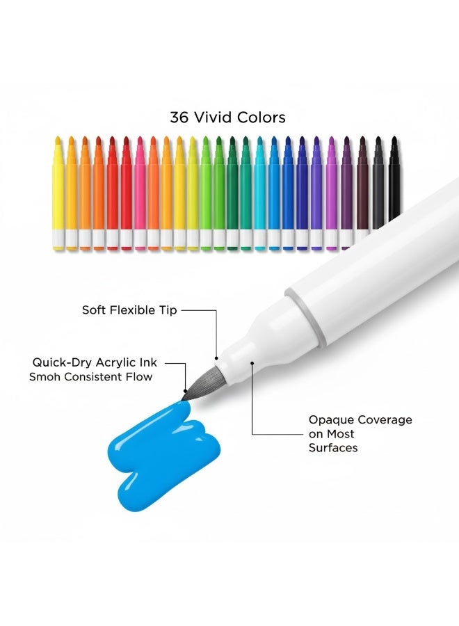 NAUGHTYHUE 36 Pcs Children’s Acrylic Painting Marker Set  – Assorted Colors, Waterproof, Opaque Coloring Markers, Stackable, Quick-Drying, Hand-Painted for Rock Painting, Canvas, Wood, Glass & DIY Crafts, Travel Case Included, Non-Toxic Art Markers Ideal for Kindergarten Learning Supplies - Image 2