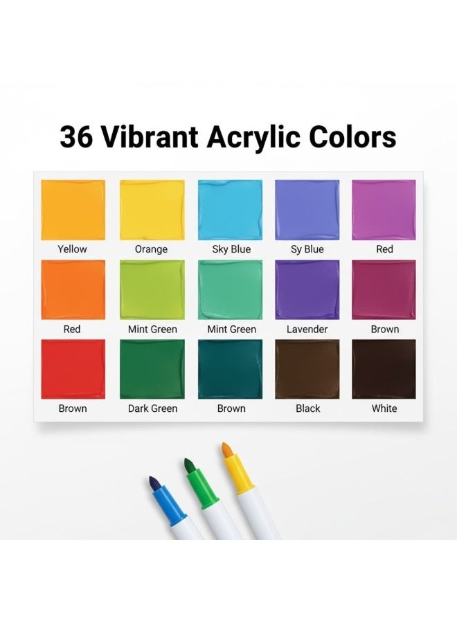 NAUGHTYHUE 36 Pcs Children’s Acrylic Painting Marker Set  – Assorted Colors, Waterproof, Opaque Coloring Markers, Stackable, Quick-Drying, Hand-Painted for Rock Painting, Canvas, Wood, Glass & DIY Crafts, Travel Case Included, Non-Toxic Art Markers Ideal for Kindergarten Learning Supplies - Image 4