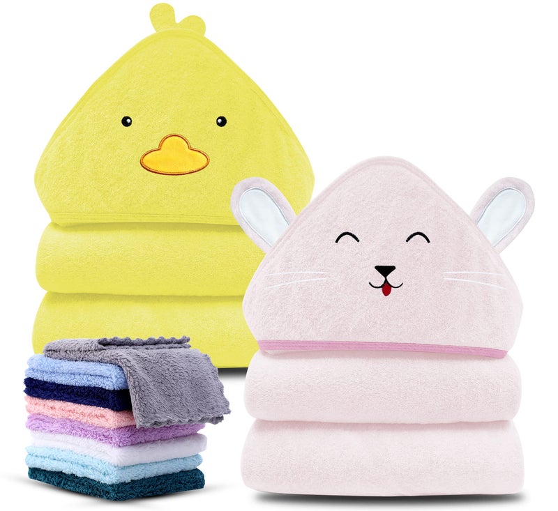 Cute Castle 2 Pack Hooded Baby Towel Rayon Made from Bamboo with 8 Washcloths - Soft Bath Towel for Bathtub for Babie, Newborn, Infant, Natural Baby Stuff Towel (Duck and Rabbit) - Image 1
